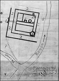 Tekening Schuilenburg 1381 door Eshuis op basis van Van Bijlandt